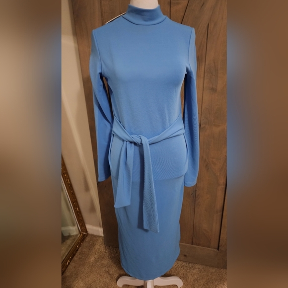 NOISY MAY Ribbed Longsleeve Mock Neck Stretch Midi Dress Tie Front.Blue. S NWT - Picture 5 of 16